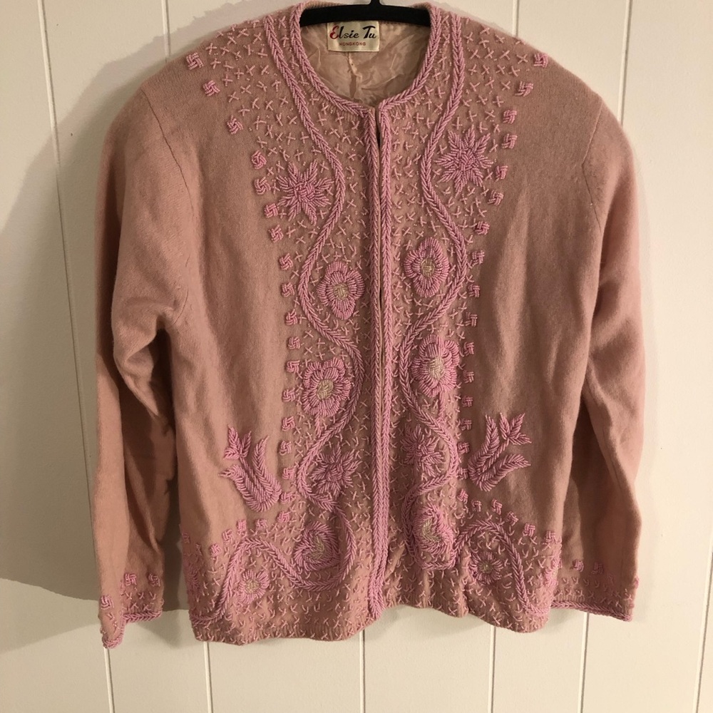 Elsie Tu Vintage Dusty Pink Beaded Knit Cardigan Sweater Medium